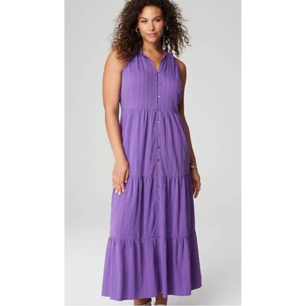 J.Jill NWT XL Purple Tiered Sleeveless Button-Front Purple Maxi Dress